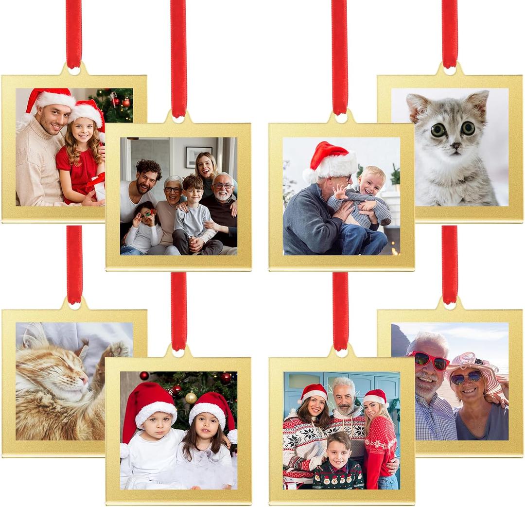 UNIQOOO 8 Pcs Christmas Acrylic Gold Photo Frame Ornaments for Display Picture, 2.5 x 2.5 inch Festive Hanging Decoration, Double-Sided Picture Frames for Holiday Season, Home, Party, Xmas Tree Decor