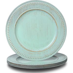 13" Vintage Charger Plates, Turquoise Beaded Chargers for Dinner Plates Set of 6, Reusable Decorative Charger Plate Set Bulk Wedding, Suitable for Easter, Anniversaries, Valentine's Day, Baby Shower
