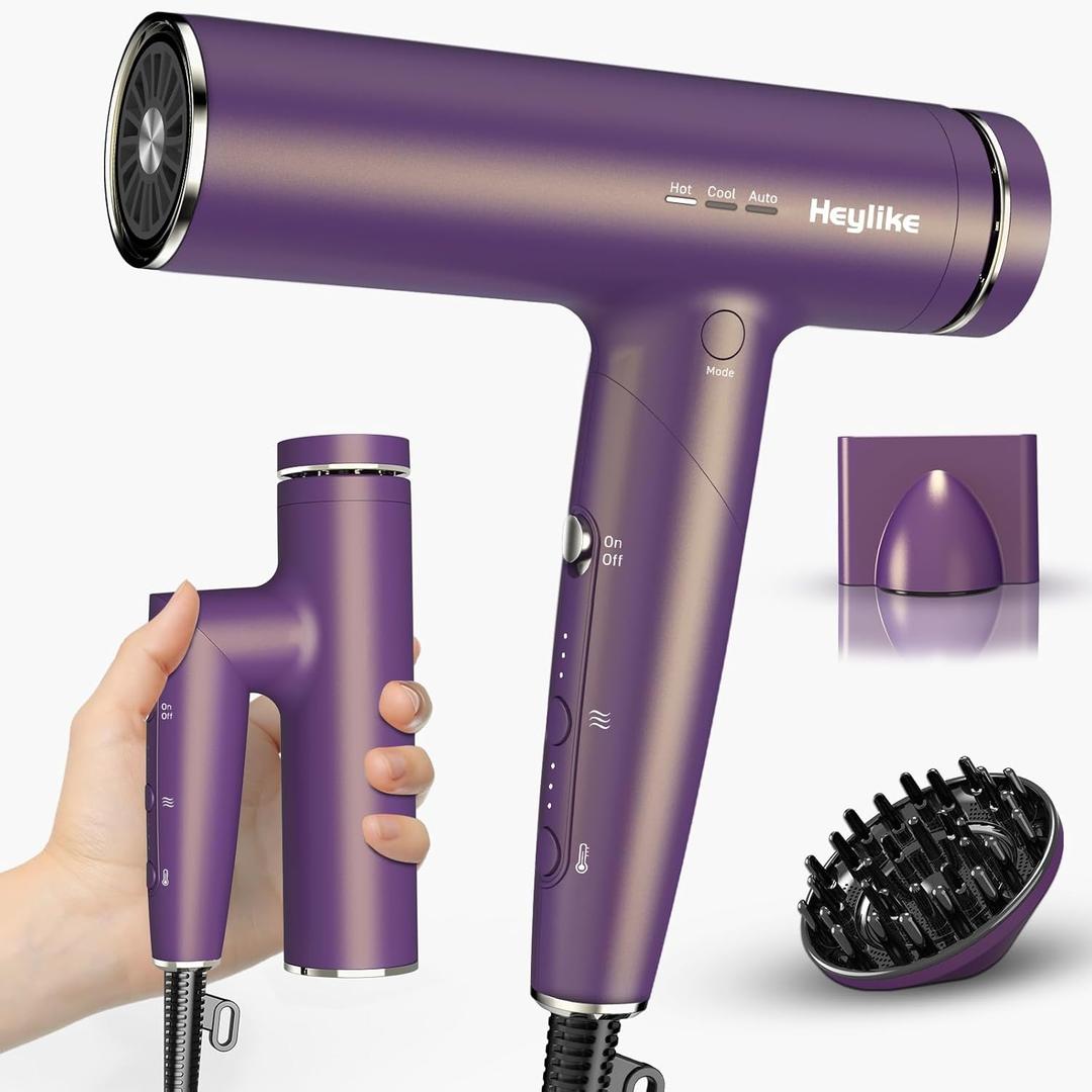 High Speed Plasma Ion Hair Dryer with Diffuser, Professional Blow Dryer 130000 RPM Brushless Motor for Fast Drying,1500W 3Temps/3Speeds Thermo-Control Lightweight Hairdryer for Women Home Travel Salon (Purple)