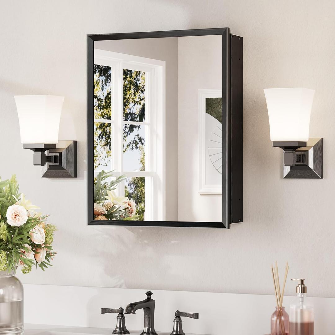 Keonjinn Small Medicine Cabinet Mirror 14" x 18", Assembly Needed, Black Bathroom Medicine Cabinet with Mirror, Beveled Framed, Stepless Adjustable Shelve, Wall-Mounted or Recessed