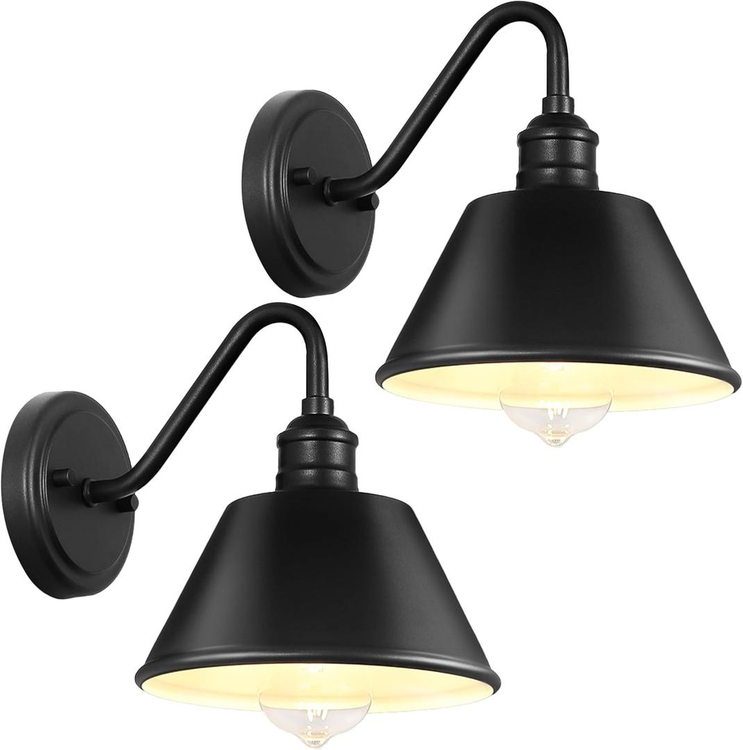 2-Pack Gooseneck Outdoor Barn Light Fixtures, 8 inch Outdoor Wall Sconces, Farmhouse Barn Light for Porch, Matte Black Exterior Wall Mount Lights, Anti-Rust, Garage, Patio, E26 Base, Hardwired