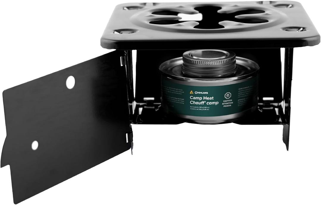 Coghlans Portable Folding Camp Stove  Compact, Lightweight Steel Cooking Stove for Camping, Backpacking, Hiking, or Emergency Use  Uses Canned Heat or Fuel Tablets, Black