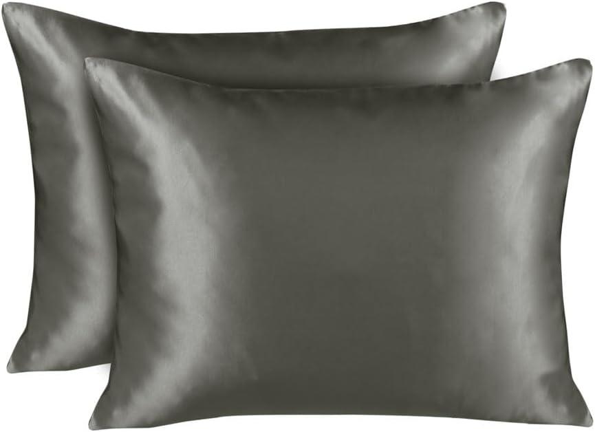 Satin Pillowcase with Zipper, for Hair and Skin Care, Feels Soft and Cool Like a Silk Pillowcase, Satin Pillow Cases 2 Pack, Slik Pillow Cover, Dark Grey - Standard Size