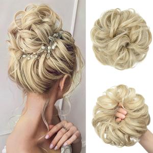 CJL HAIR Large Messy Bun Hair Piece Wavy Curly Scrunchies Synthetic Chignon Ponytail Hair Extensions Thick Updo Hairpieces for Women Ash Blonde