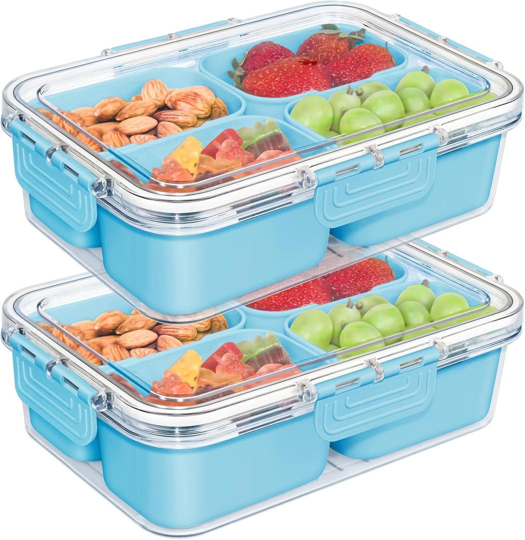 Small Snack Box Container, Divided Serving Tray with Lid, 4 Compartment Snack Box Container for Candy, Fruits, Charcuterie, Travel & Parties, BPA-Free (Blue 2 Pack)