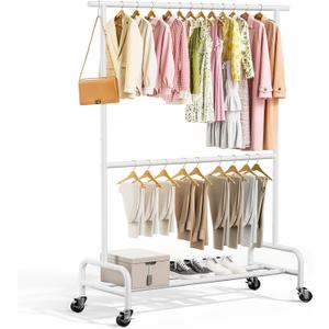 Abiglifty 2 Tier Rolling Clothes Rack, Heavy-Duty Clothing Rack with Wheels,150LBS Capacity, 43" W X17 D X 75" H Rack for Clothes to Hang, for Bedroom, Living Room, White, 2026 NEW