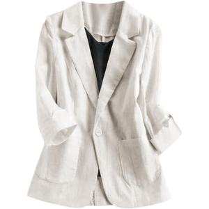 Women's Casual Solid Cotton Linen 3/4 Sleeve Short OL Work Blazer Jacket Coat (XX-Large, Beige)