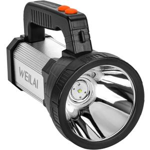 Super Bright Handheld LED Flashlight, USB Rechargeable Powerful Searchlight with 6 Light Modes, Waterproof Tactical Torch, Portable Lantern with Side Floodlight for Camping, Hunting, Emergency (Silver-Yellow Light)