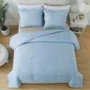 Caressma Queen Light Blue Comforter Set, Solid Lightweight Skin-Friendly Boho Bedding Set & Collections, Breathable Fluffy Microfiber 3 PCS (90"x90") Comforter Set for All Seasons with Pillowcases