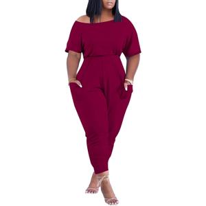 acelyn Casual One Piece Loose Jumpsuit for Women Summer Plus Size Overalls Off Shoulder Pockets Romper (Large, 015-wine Red)