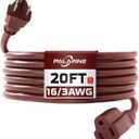 20ft Brown Outdoor Extension Cord Waterproof, UL Listed, 16/3 SJTW Heavy Duty 3 Prong, 16 Gauge 13A Power Cord Ideal for Indoor Outdoor Lights, Appliances, and Lawn