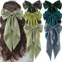 6Pcs Large Bows Hair Clips for Women Girls Long Tail Hair Ribbon Silky Satin Barrettes Coquette Hair Bows Accessories (Green/Olive Green)