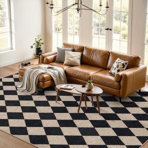 Lahome Checkered Easy Jute Area Rug 8x10, Large Living Room Patio Rug Checkerboard Indoor Outdoor Carpet, Farmhouse Geometric Non Slip Black Carpet for Backyard Dining Room