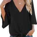 Bluetime Womens Tie Front Tops 3/4 Bell Sleeve V Neck Cute Summer Tops Shirts Casual Chiffon Blouses (Black, XL)