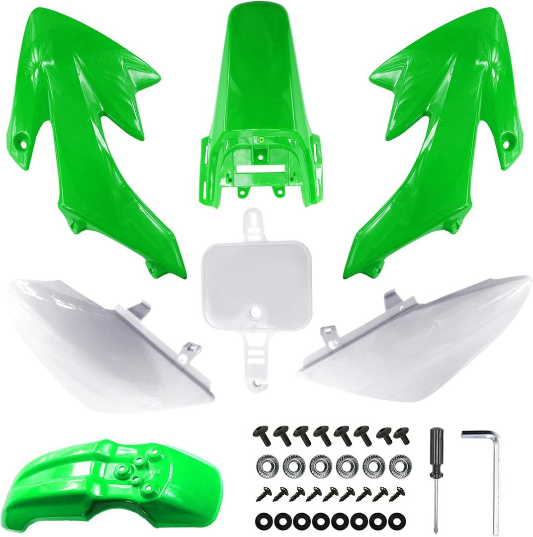 PRO BAT 7 PCs Plastic Fender Complete Kit w/Bolts for CRF50 CRF50F 125cc 150cc Pit Bike, White & Green