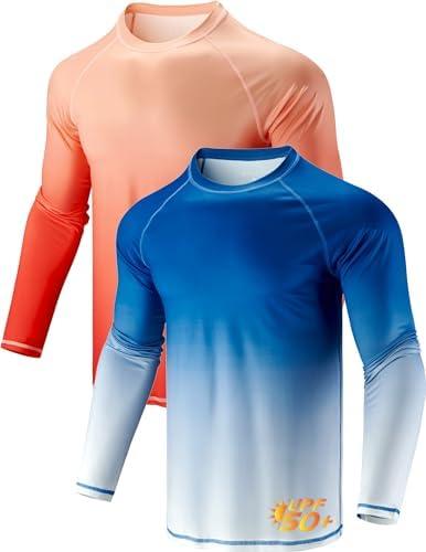 2 Pack Men's Sun Protection Long Sleeve Swim Shirts UPF 50+ Loose Fit Rash Guards Fishing Quick Dry Clothing, Size L
