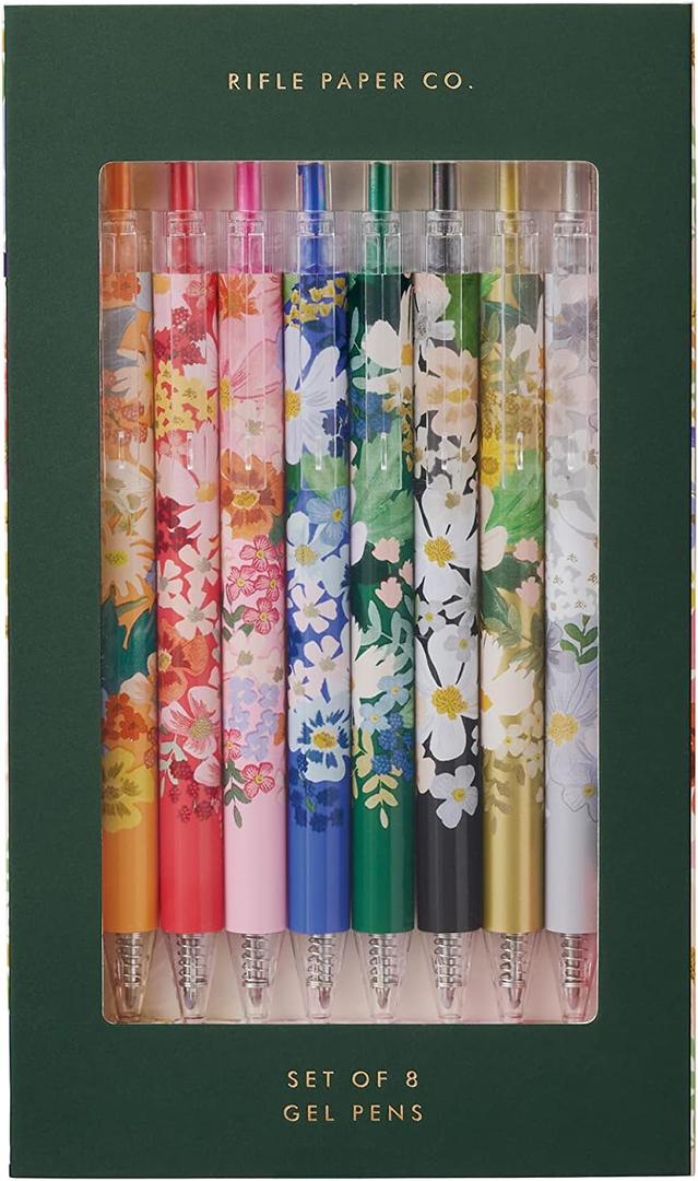 RIFLE PAPER CO. Margaux Gel Pen Set of 8 - Boxed Set of 8 Different Colored Retractable Gel Pens, 0.5mm Rollerball Tip, 5.5" L, Perfect for Stylizing Note Taking and Writing
