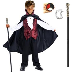 Scary Vampire Costume for Kids  Boys Gothic Vampire Costume Outfit for Halloween Party or Trick-or-Treat (5-7 Years, Black & Red)