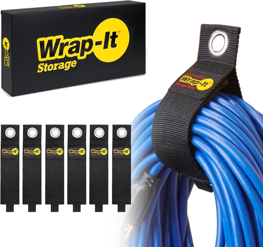 Heavy-Duty Wrap-It Storage Straps, 17-inch (6 Pack) - Extension Cord Organizer, Storage, Cord Straps, Cable Straps for Hoses, Rope, RV, Workshop, Boat, Tools, and Garage Wall Storage and Organization (Black)