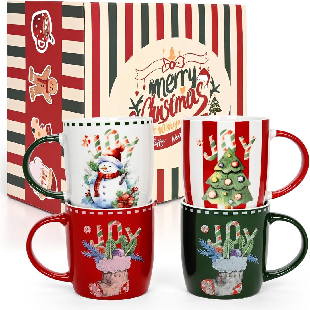 Homlouue Christmas Mugs Set of 2 With Festival Design, Holiday Coffee Mugs for Family Friends, Merry Christmas Gifts With Snowman Tree Stocking Decor, 11 Oz