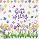 FYSUIMU 9 Sheets Hello Spring Wall Decals Colorful Tulip Floral Butterfly Wall Stickers Oil Painting Flower Mural Wall Decor for Home Nursery Living Room Bedroom 2 Pack