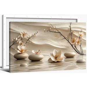 FEACFQKJ Zen Canvas Wall Art White Lotus Wall Decor Print Artwork Lotus Flowers Bloom Stones Spa Painting Pictures for yoga meditation room decoration 20x40in