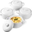 DELLING 28 Oz Soup Bowls with Handles and Lids, Large French Onion Soup Bowls, Ceramic Soup Crocks for French Onion, Oven Safe Bowls for Chili, Beef Stew, Cereal, Pot Pies, Bowls Set of 4, White