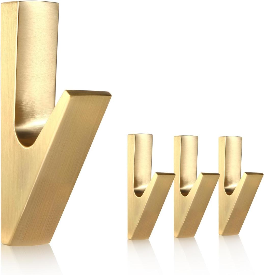 SIAMESE Aluminum Coat Hooks, 4 Pcs Brushed Gold Towel Hooks, Wall Hooks for Clothes, Jackets, Shower, Robe, Hat, Towel, in Bathroom, Kitchen, Living Room, Bedroom(Brushed Gold)