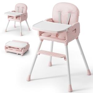 3-in-1 Portable Baby High Chair for Babies and Toddlers, Convertible Easy Clean Infant Foldable Highchair with Adjustable Legs & Dishwasher Safe Tray, Pink