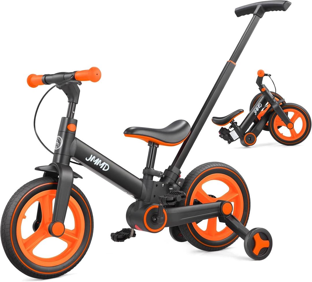 JMMD 6 in 1 Toddler Bike with Push Handle for Kids 18-60 Months, 12" Foldable Balance Bike with Training Wheels, Pedals, Brakes, Kickstand, Push Tricycle Toddler Gift & Toys for Boy & Girl