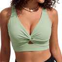 Bikini Tops for Women Padded V Neck Swimsuit Tops Knot Twist Hollow Cut Adjustable Tank Bathing Suits (Large, Green)