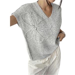 RoseSeek Women's 3D Floral Appliques V Neck Sweaters Short Sleeve Knit Tops Elegant Pullover Tops (XL)