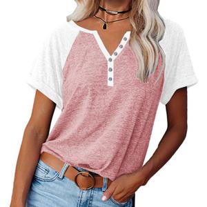 Womens Shirts Summer Henley V Neck Color Block Tshirts Raglan Short Sleeve Casaul Trendy Tops (Pink)