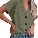Dokotoo Womens Summer Tops 2025 Waffle Knit Button Down Shirts Casual V Neck Short Sleeve Shacket Jacket Dressy Blouses (XX-Large, Green)