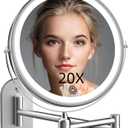 Rechargeable Wall Mounted Lighted Makeup Vanity Mirror 8 inch 1X/20X Magnifying Bathroom Mirror with 3 Color Lights, Double Sided with Dimmable LED Lights, Extended Arm 360 Swivel Extension Mirror