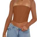 REORIA Women's Sexy Mesh Long Sleeve Boned Corset Top Trendy Y2K Square Neck Going Out Bustier Crop Tops (Brown, M)