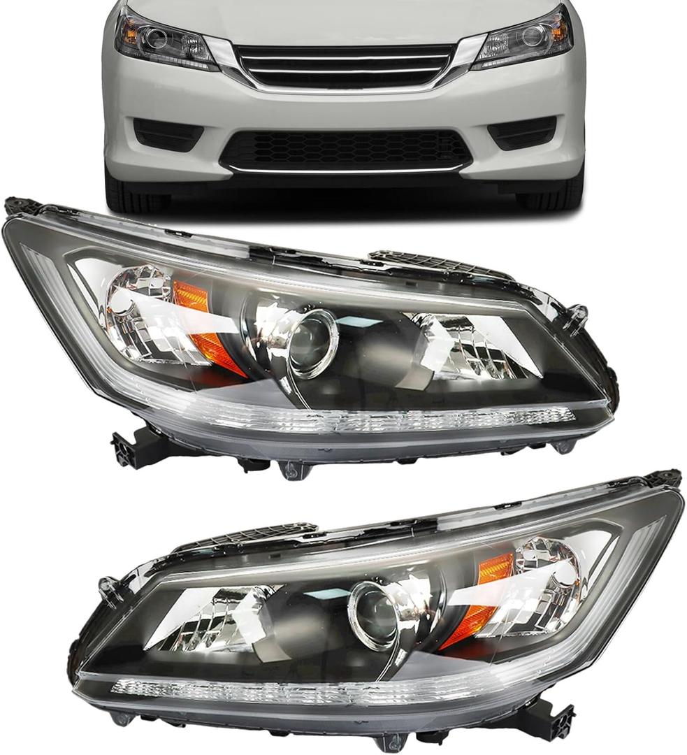 munirater 1 Pair Headlights Replacement for A-ccord Sedan 2013 2014 2015 Headlamp DRL Halogen Black Driver and Passenger Side RH&LH