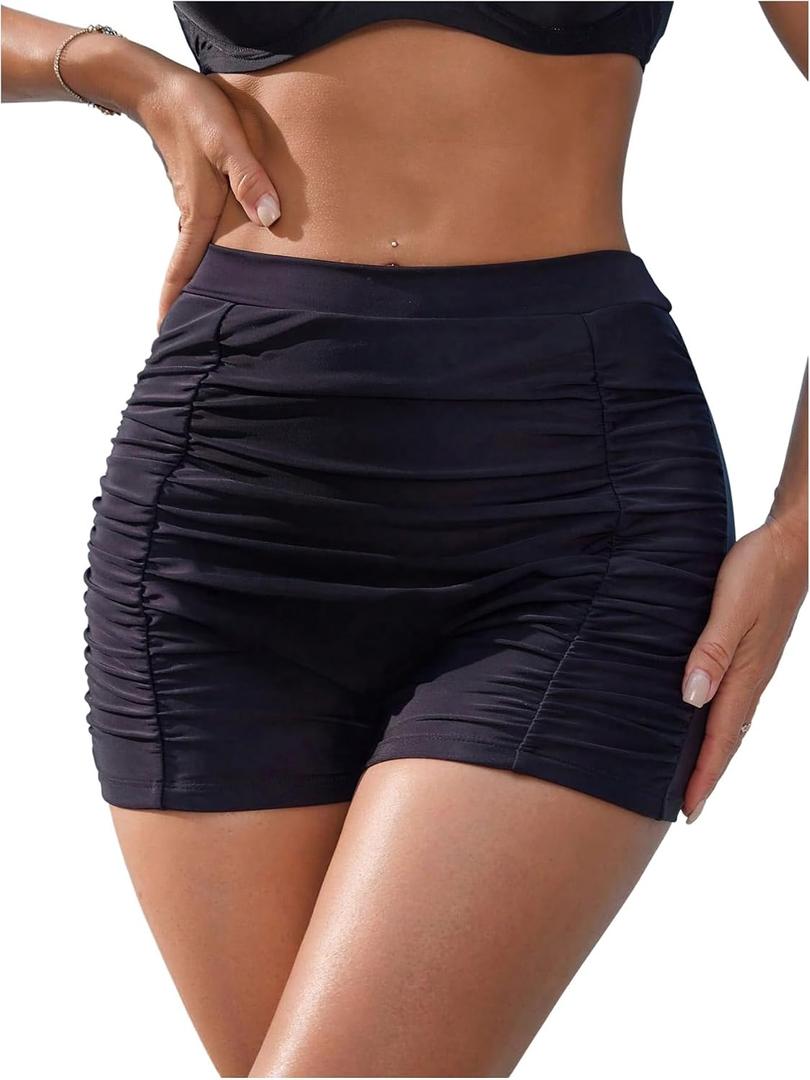 SHENHE Women's High Waisted Swim Shorts Tummy Control Ruched Boyshorts Bathing Suit Bottoms (Black, XL)