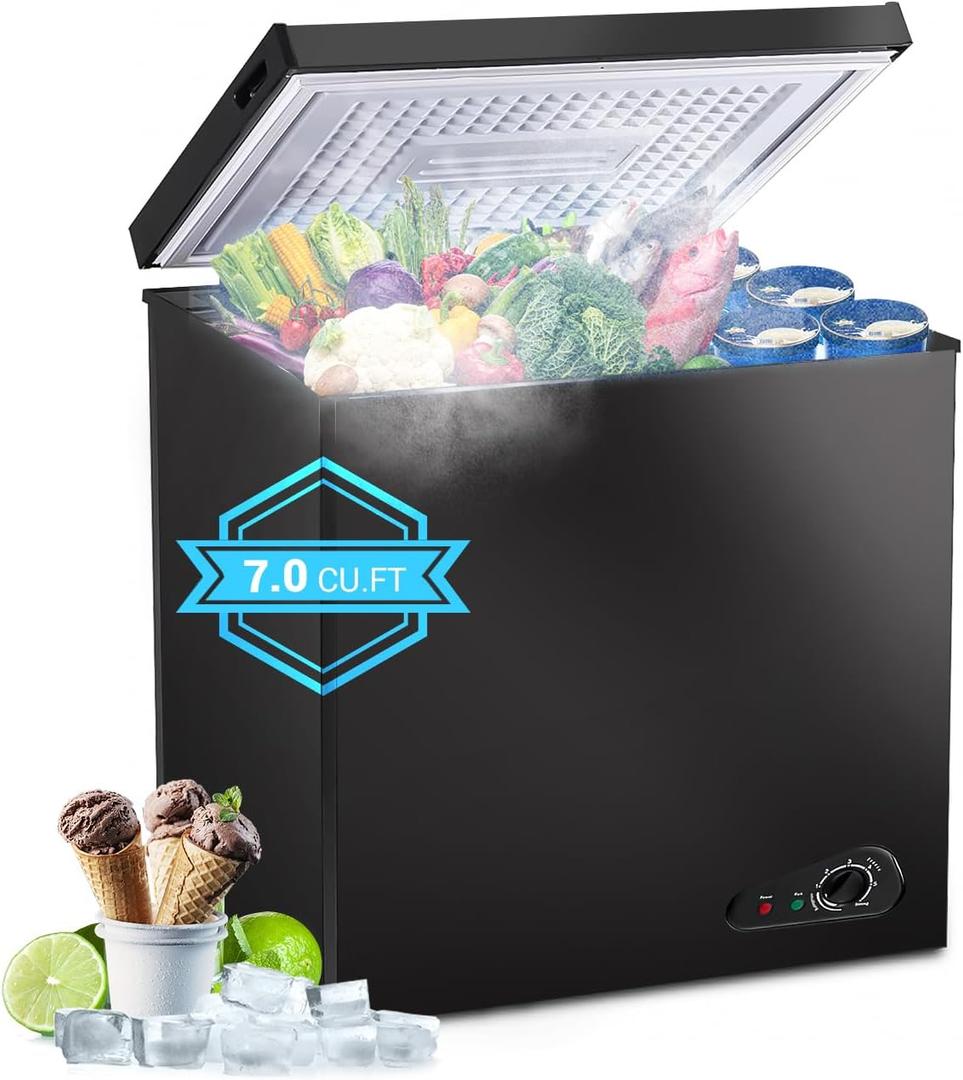 7.0 Cu.ft Chest Freezer, Top Open Door Deep Freezer with 7 Adjustable Thermostat (-18F to 50F), Compact Freezer with Removable Basket for Home/Garage/Office, Black