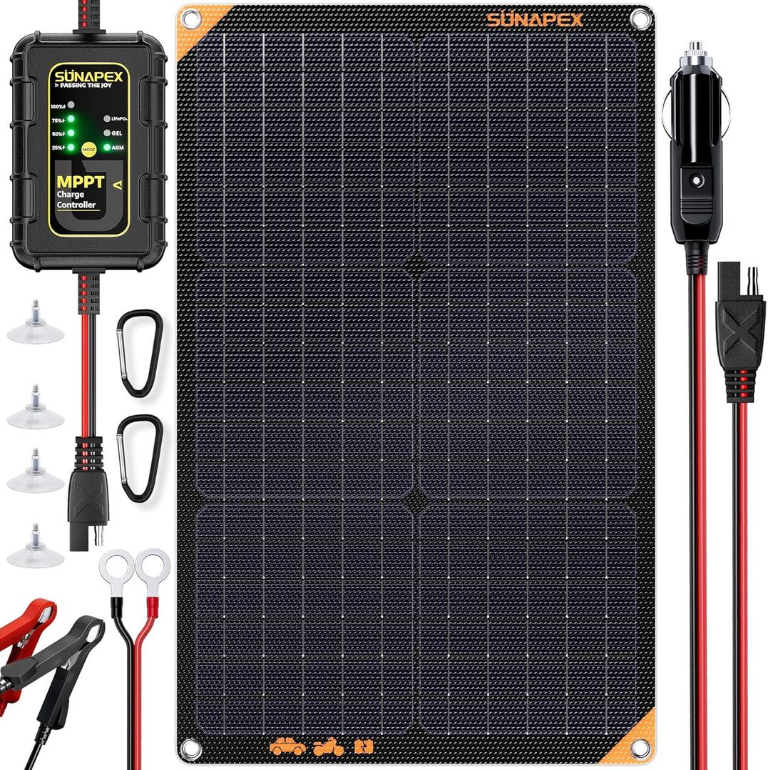 SUNAPEX 12V 30 Watt Solar Trickle Charger Maintainer with MPPT Controller - Portable Waterproof Solar Powered Battery Charger - Solar Panel Kit for Car Rv Trailer Truck Boat Automotive Marine