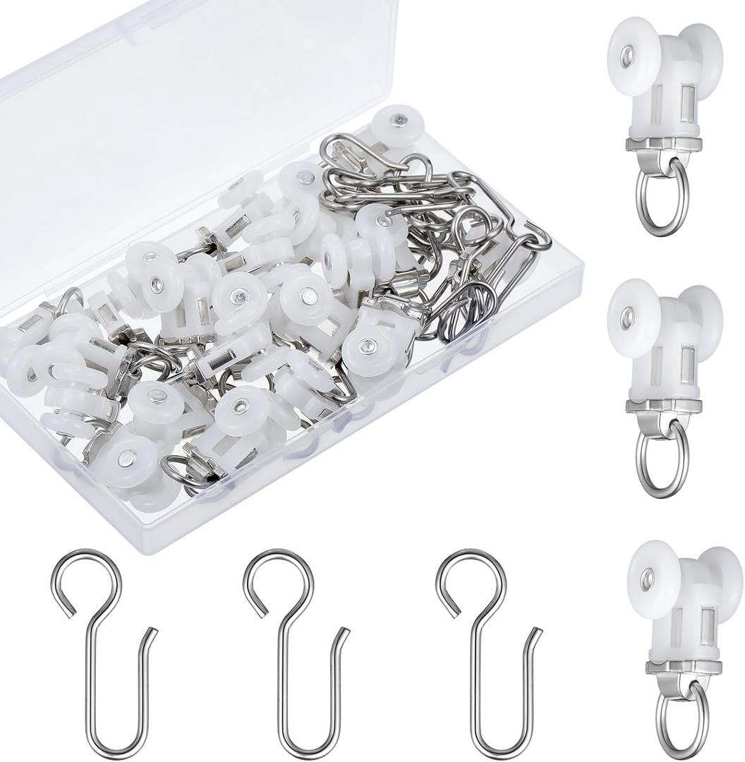 Barydat 40 Set Curtain Track Roller Hooks 0.59 inch Diameter Curtain Rail Ceiling Gliders Set Dual Wheel Roller Carriers for Ceiling Mounted Track with Stainless Steel Hooks