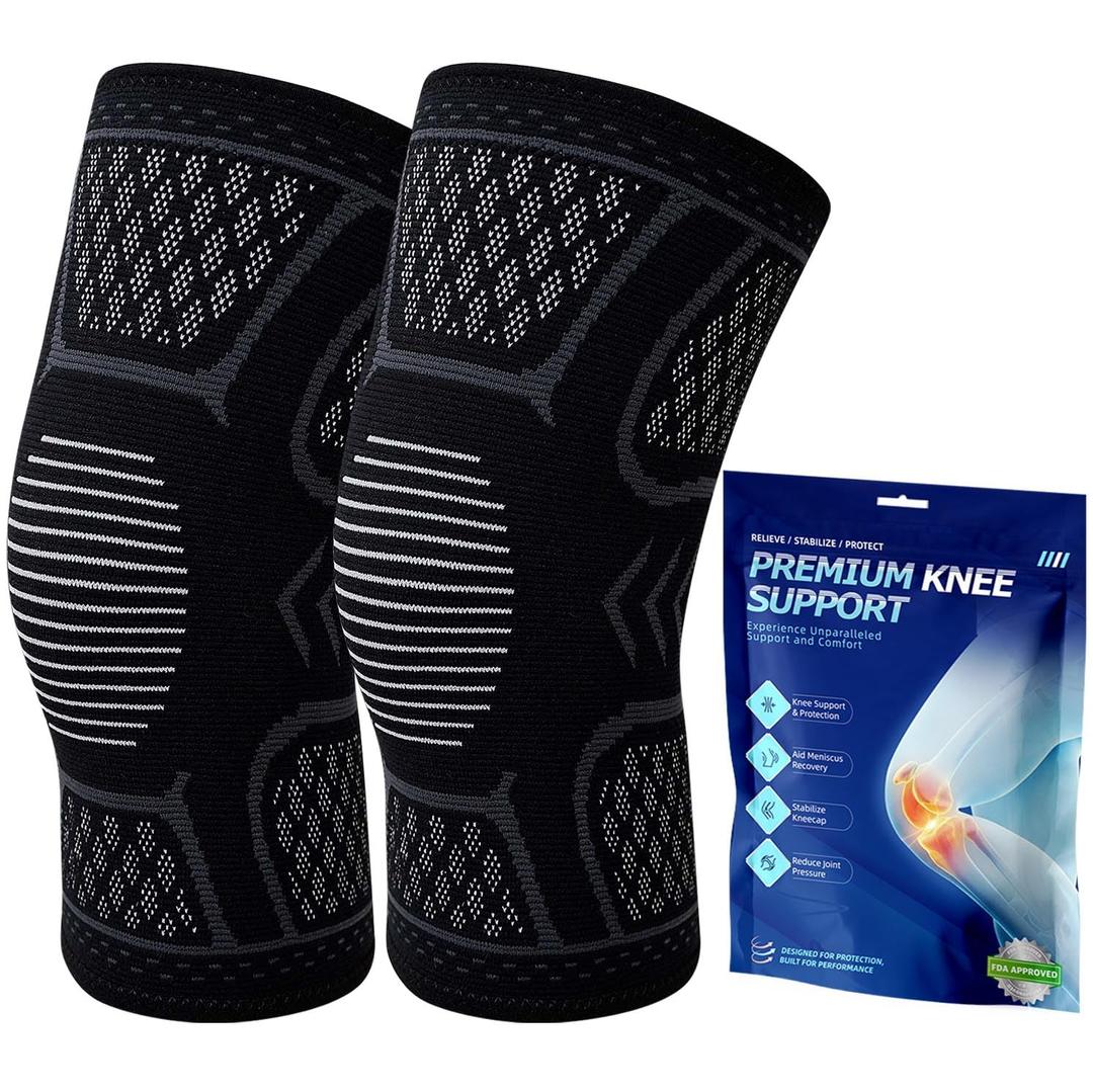 Compression Knee Brace for Men & Women 2 Pack, Relieves Knee Pain Caused by Running, Providing Knee Support and Compressive Protection, Suitable for Fitness Activities, Meniscal Tears, ACL Injuries, and Arthritis Pain Relief Black Large (Black, L)