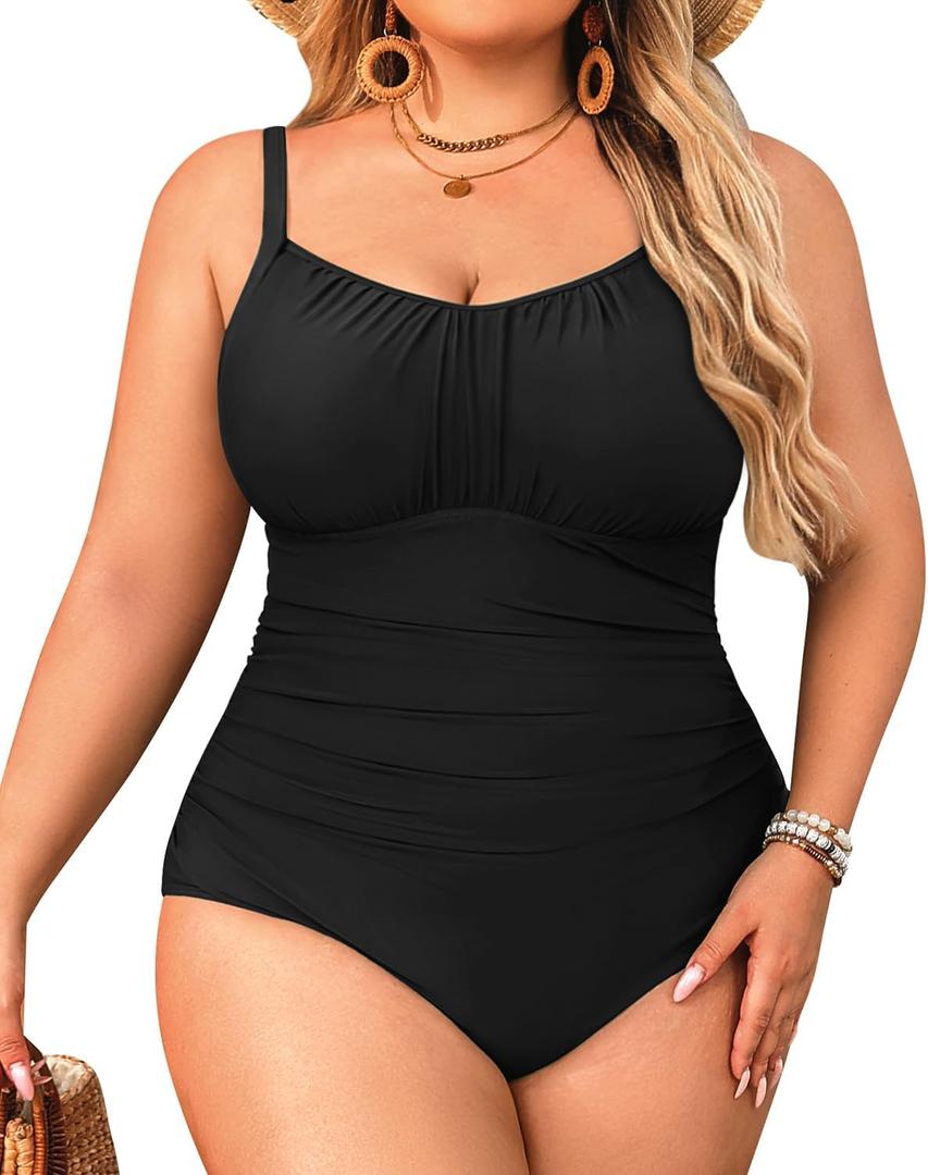 Aqua Eve Plus Size Swimsuit for Women Tummy Control One Piece Bathing Suit Vintage Swimwear (Black) 18W