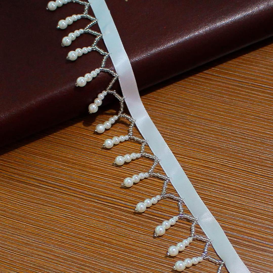 FQTANJU 2 Yards Pearl Lace Edge Trim Fringe for Sewing Craft Wedding Bridal Dress Sash Belt Headwear Clothes Decor