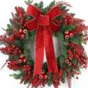 24 Inch Christmas Wreath for Front Door Artificial Christmas Wreath Decor with Pine Needles,Berries,Bow,Red Decorations Accents, Perfect for Indoor/Outdoor Christmas Decor(with Hook)