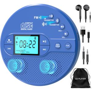 Sunoony Portable CD Player with Bluetooth, Disman CD Player for Car with FM Transmitter, Rechargeable Personal cd Player with Anti-Skip Protection, Headphones, AUX/USB Supported, LCD(Blue)
