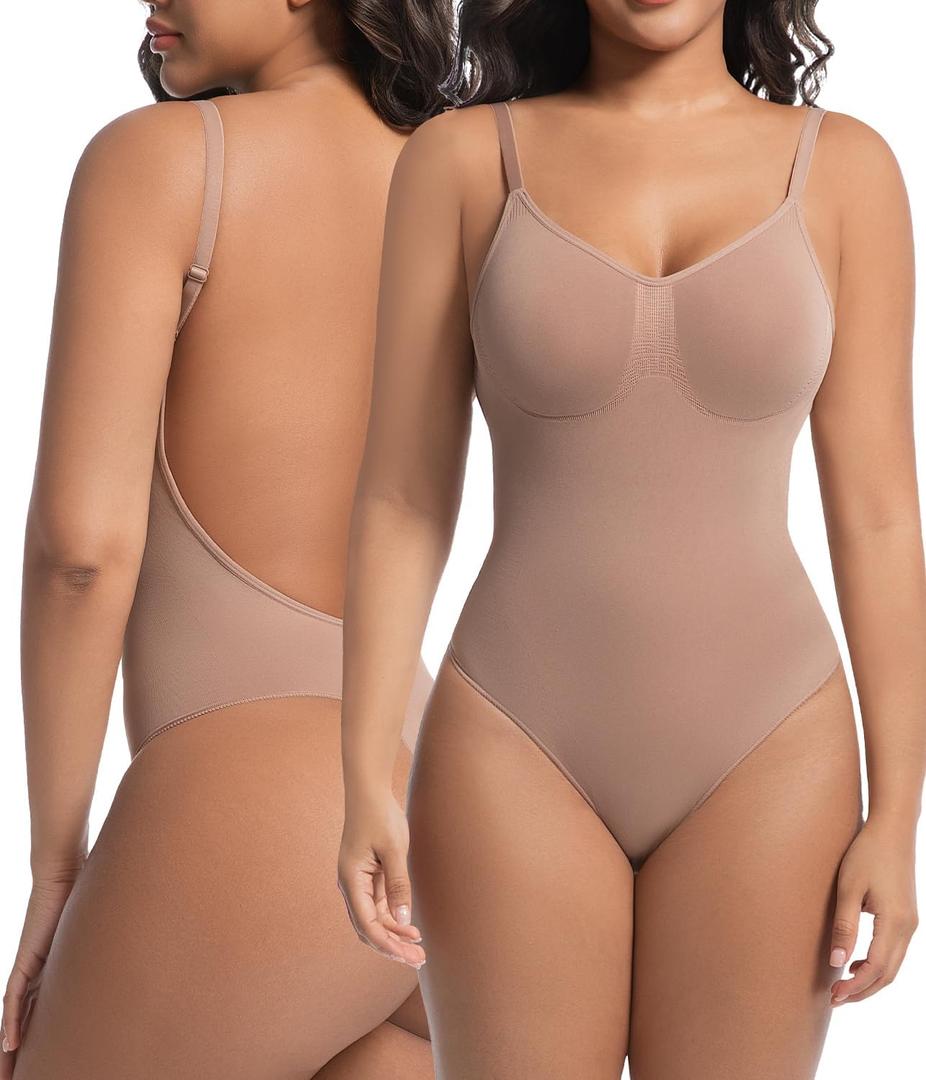 Backless Thong Shapewear for Women with Tummy Control, Seamless Sculpting Bodysuit for Workouts and Daily Wear (Small-Medium, Mocha)