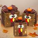 [Timer & 8 Modes]Pack Thanksgiving Decorations Turkey Lighted Gift Boxes with 3D Pumpkin 60 LED Lights Glitter Tinsel Battery Operated Thanksgiving Outdoor Light Up Present Boxes for Home Yard Decor
