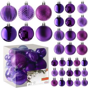 Prextex 36-Pieces Purple Christmas Ornaments Set - Shatterproof, Festive Christmas Ball Ornaments in 3 Sizes and 6 Styles with Hanging Loops for Tree, Wreath, and Dazzling Holiday Party Decorations