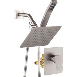 All Metal Shower Faucet Set, Dual Square Shower Head System with Handheld Wand & Rainfall Showerhead, Diverter, Hose Complete Combo, Pressure Balance Rough-in Valve Included (Brushed Nickel)